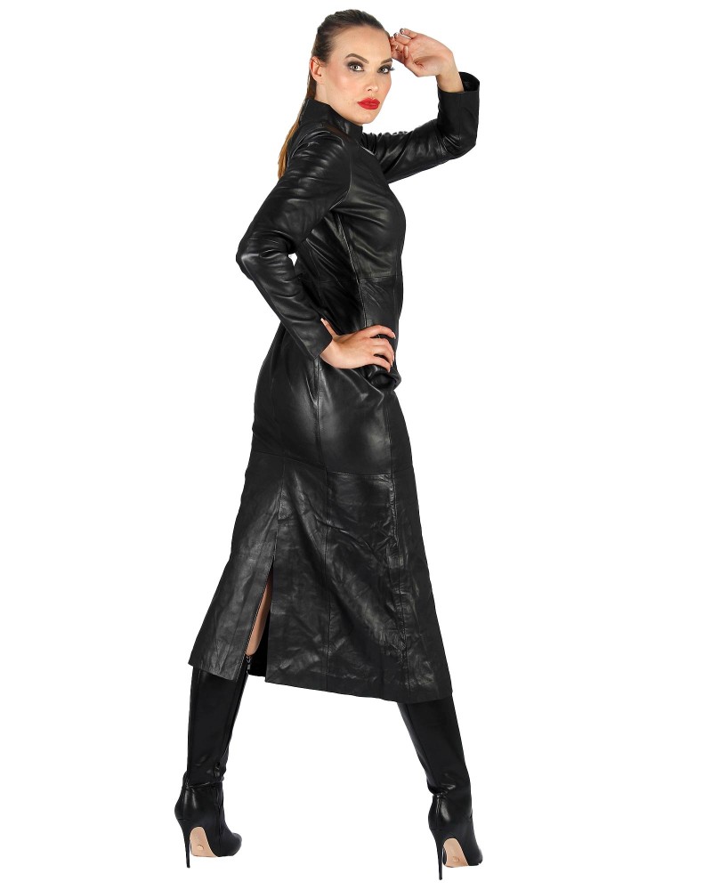 Leather dress Tina short Arn stand-up collar, knee-length black