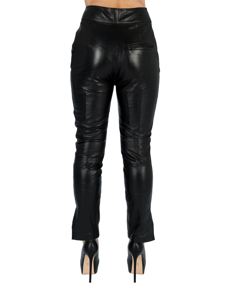 View Women Size 10 P Black Soft 100% Nappa Lamb Leather Pants Raw Hem Lined