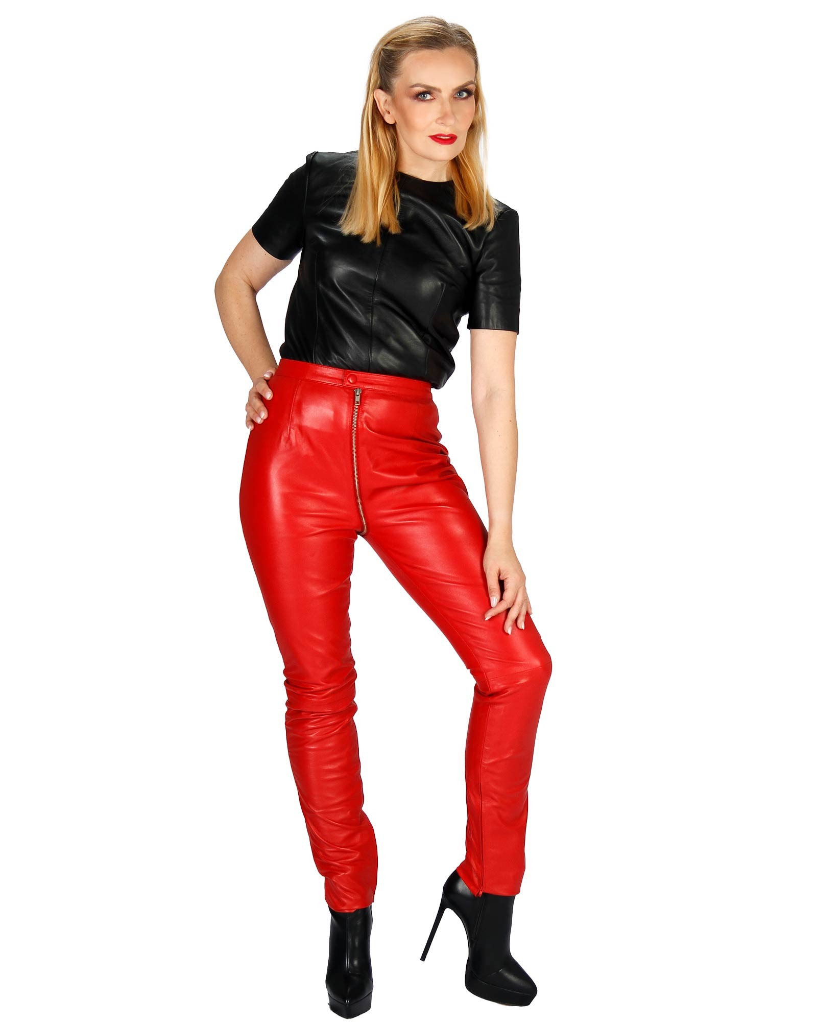 Lederhose Alice red crotch zipper real leather Bitte Größe wählen