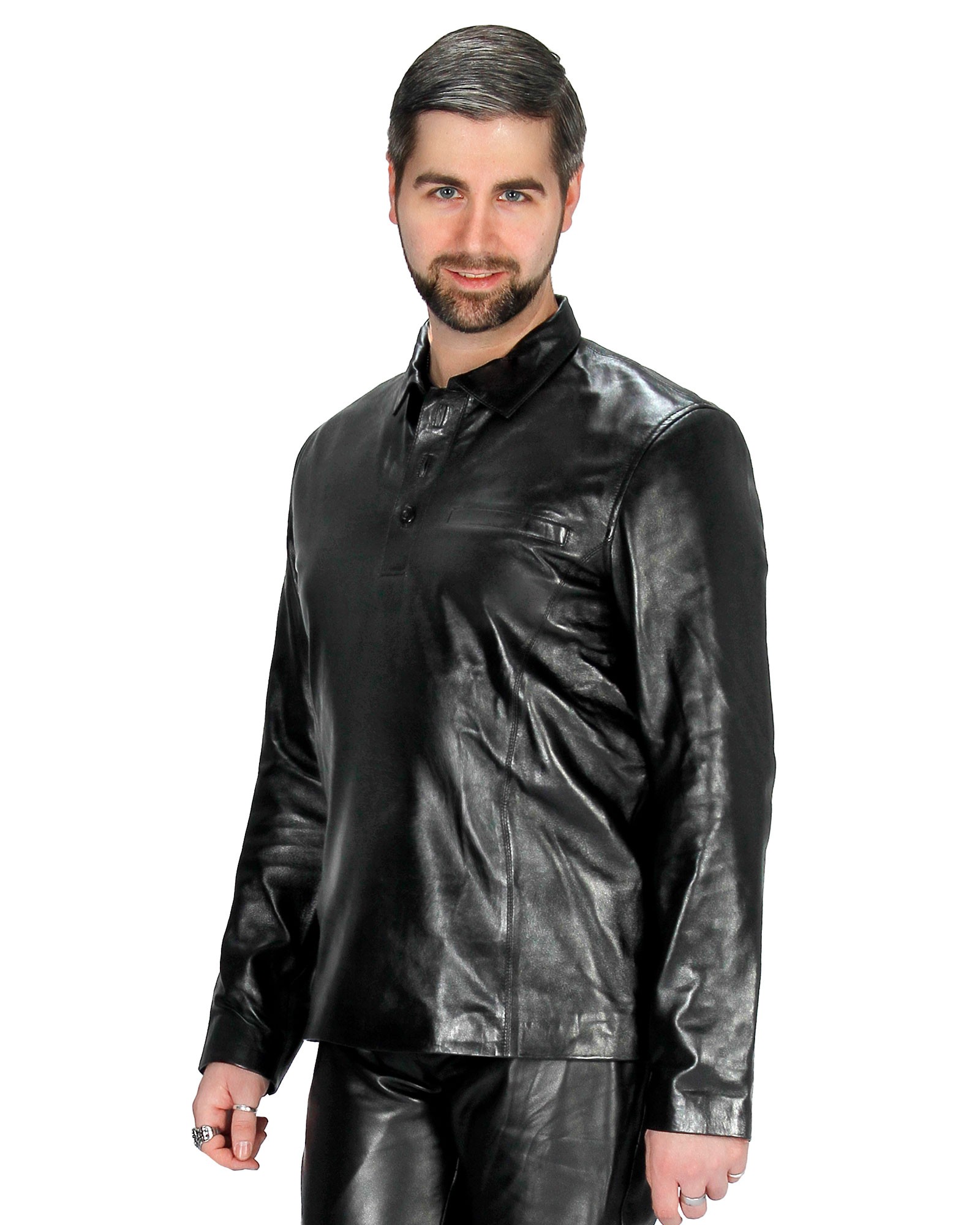Leather polo nappa arm shirt Genuine Bitte S Größe shirt leather black long men\'s (Select) Oliver wählen Größe
